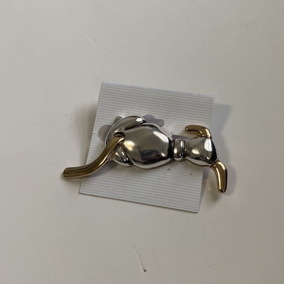 Wagging Tails Puppy Pin Two Tone Dog Silver Plated Gold Accents 3 in Brooch
