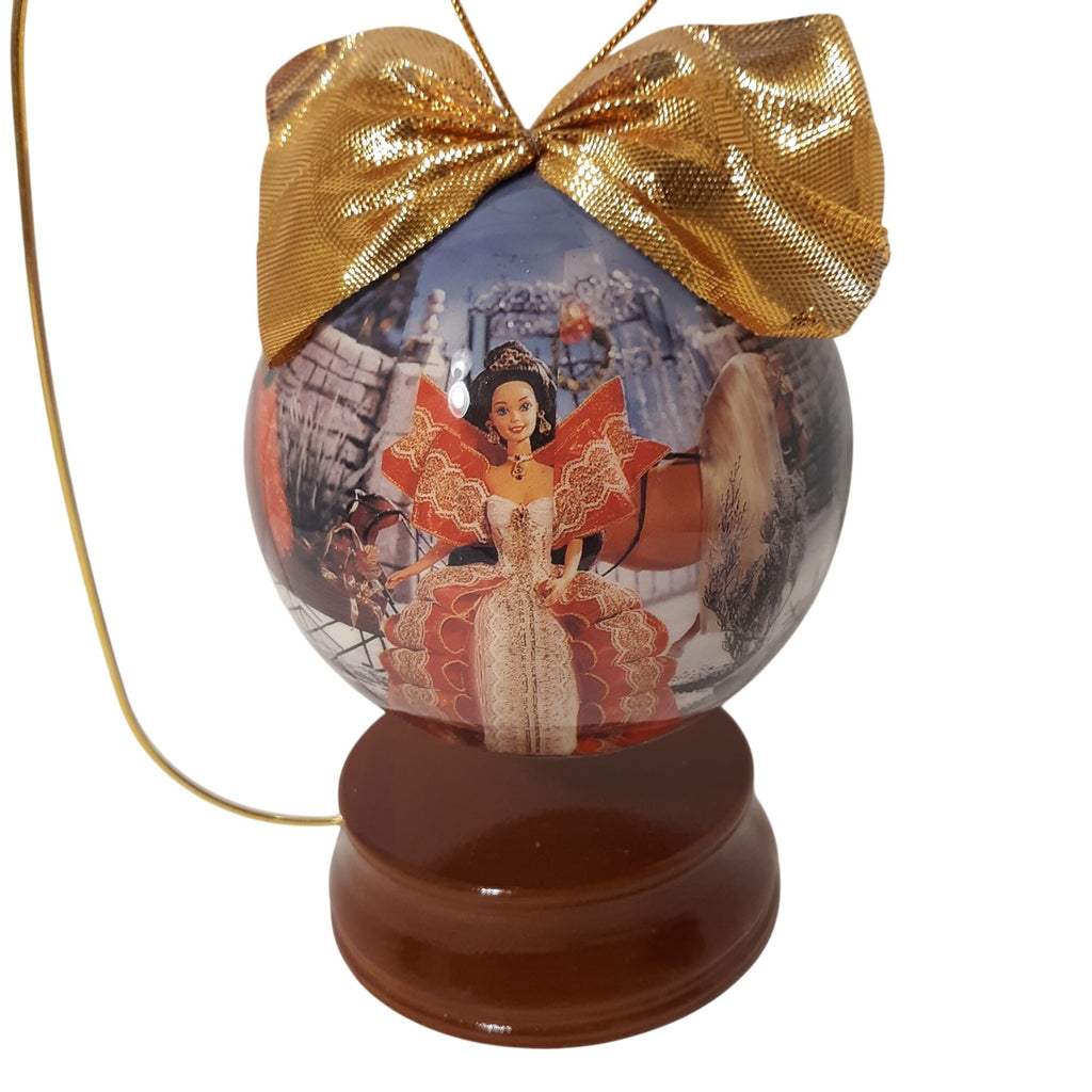 1997 Holiday Barbie 4" Decoupage Ornament With Box & Wooden Display Stand