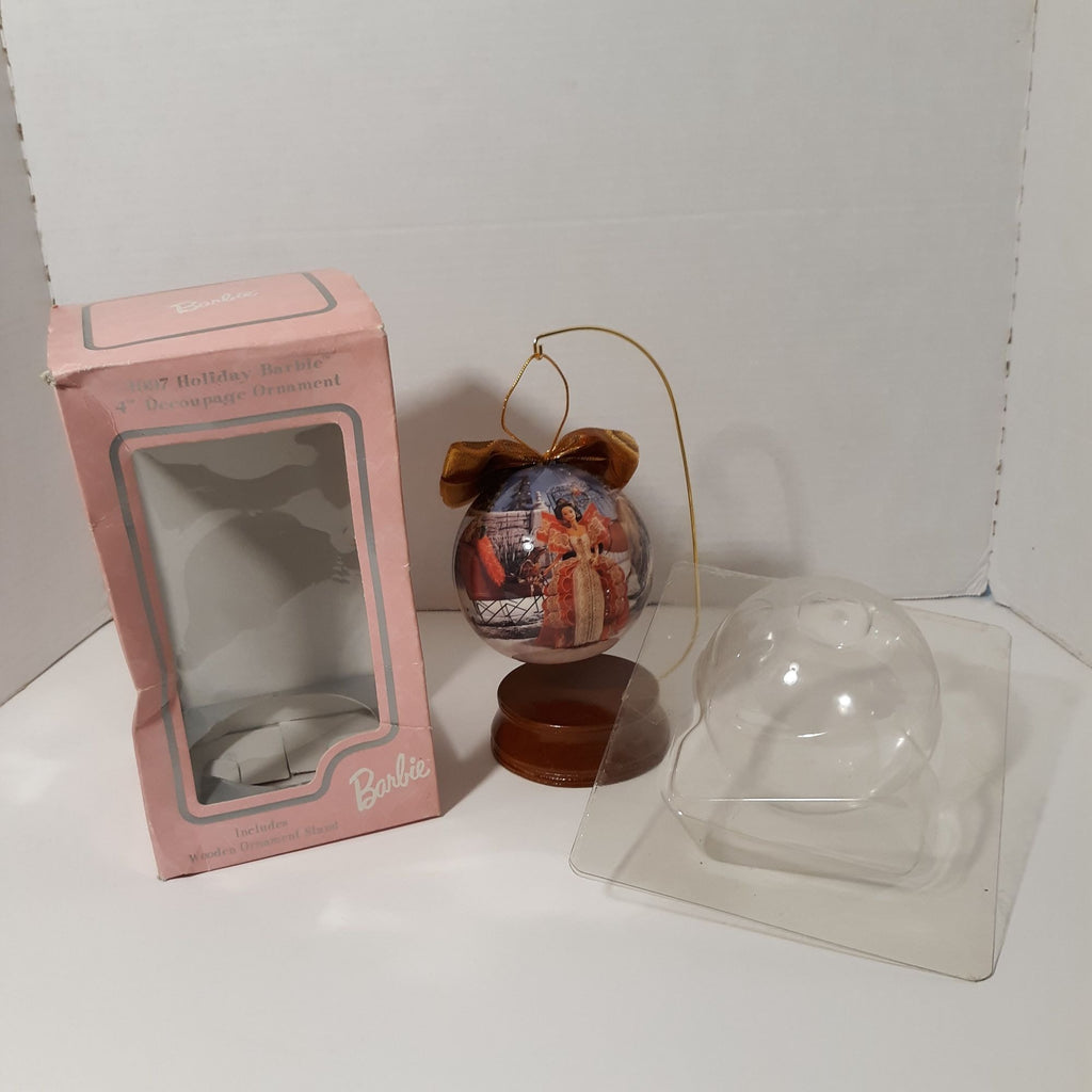 1997 Holiday Barbie 4" Decoupage Ornament With Box & Wooden Display Stand