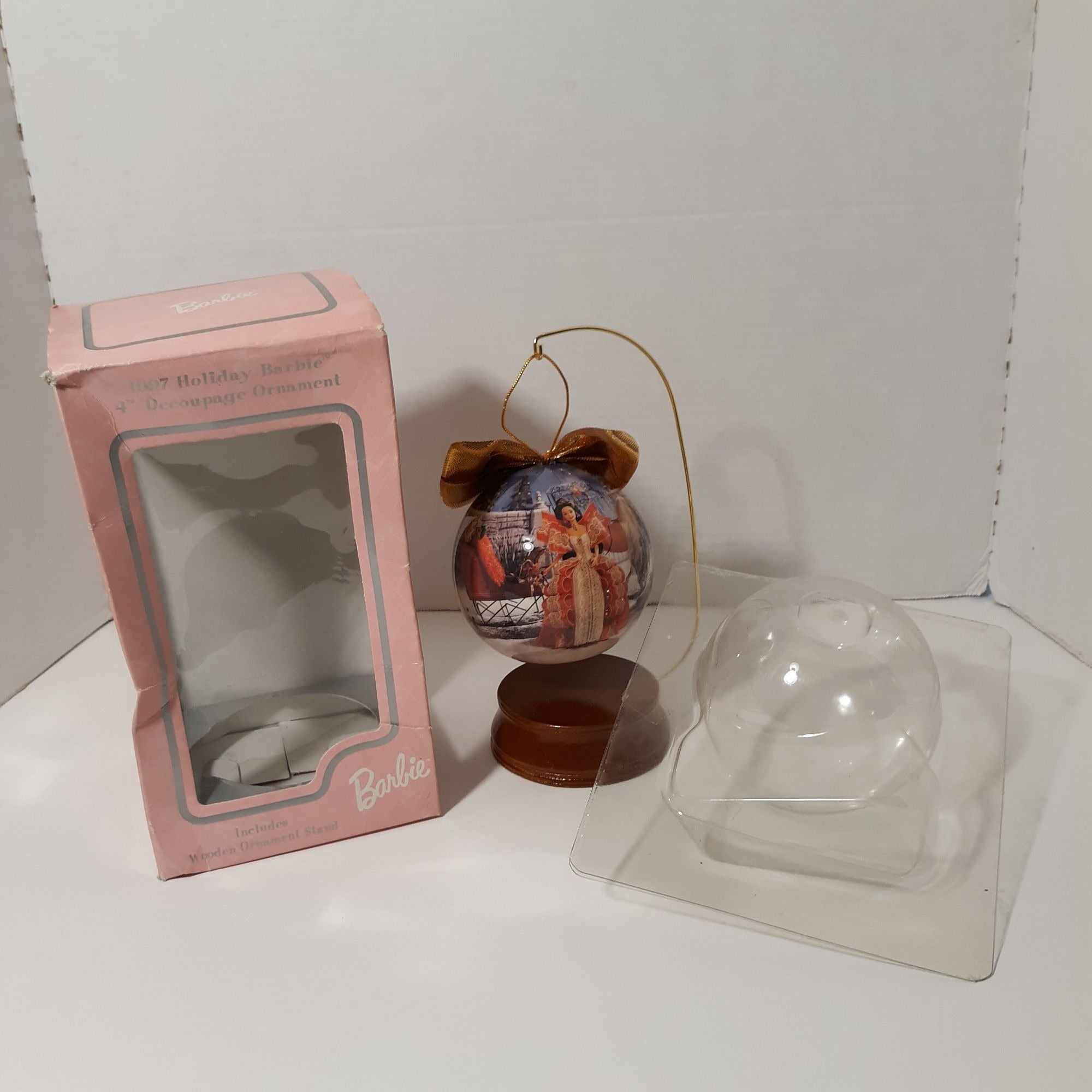 1997 Holiday Barbie 4" Decoupage Ornament With Box & Wooden Display Stand
