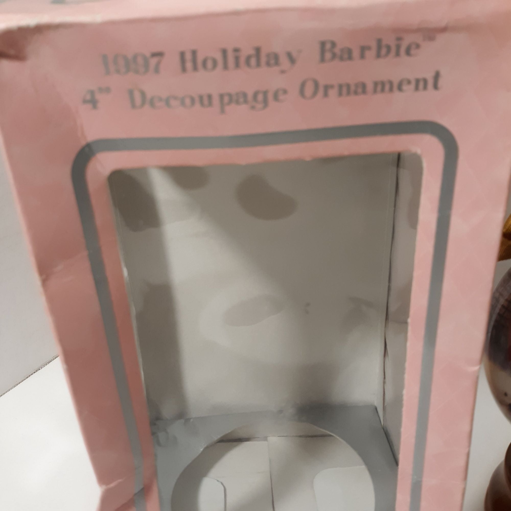 1997 Holiday Barbie 4" Decoupage Ornament With Box & Wooden Display Stand