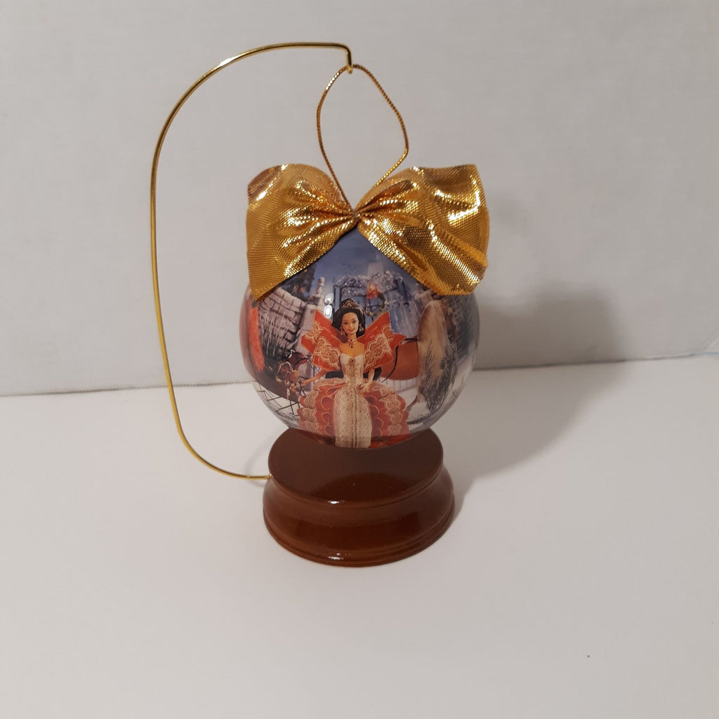 1997 Holiday Barbie 4" Decoupage Ornament With Box & Wooden Display Stand