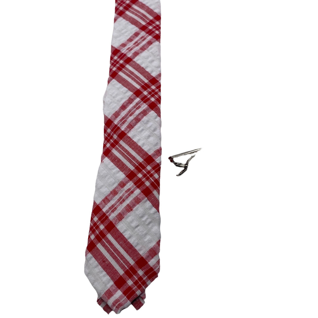 Skinny Tie Madness Men's Plaid Tie Red & White Cotton SKM2117