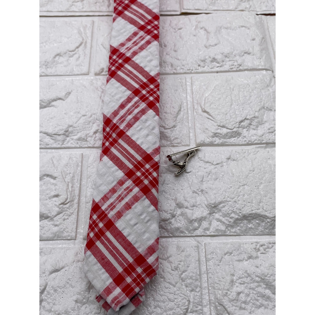 Skinny Tie Madness Men's Plaid Tie Red & White Cotton SKM2117