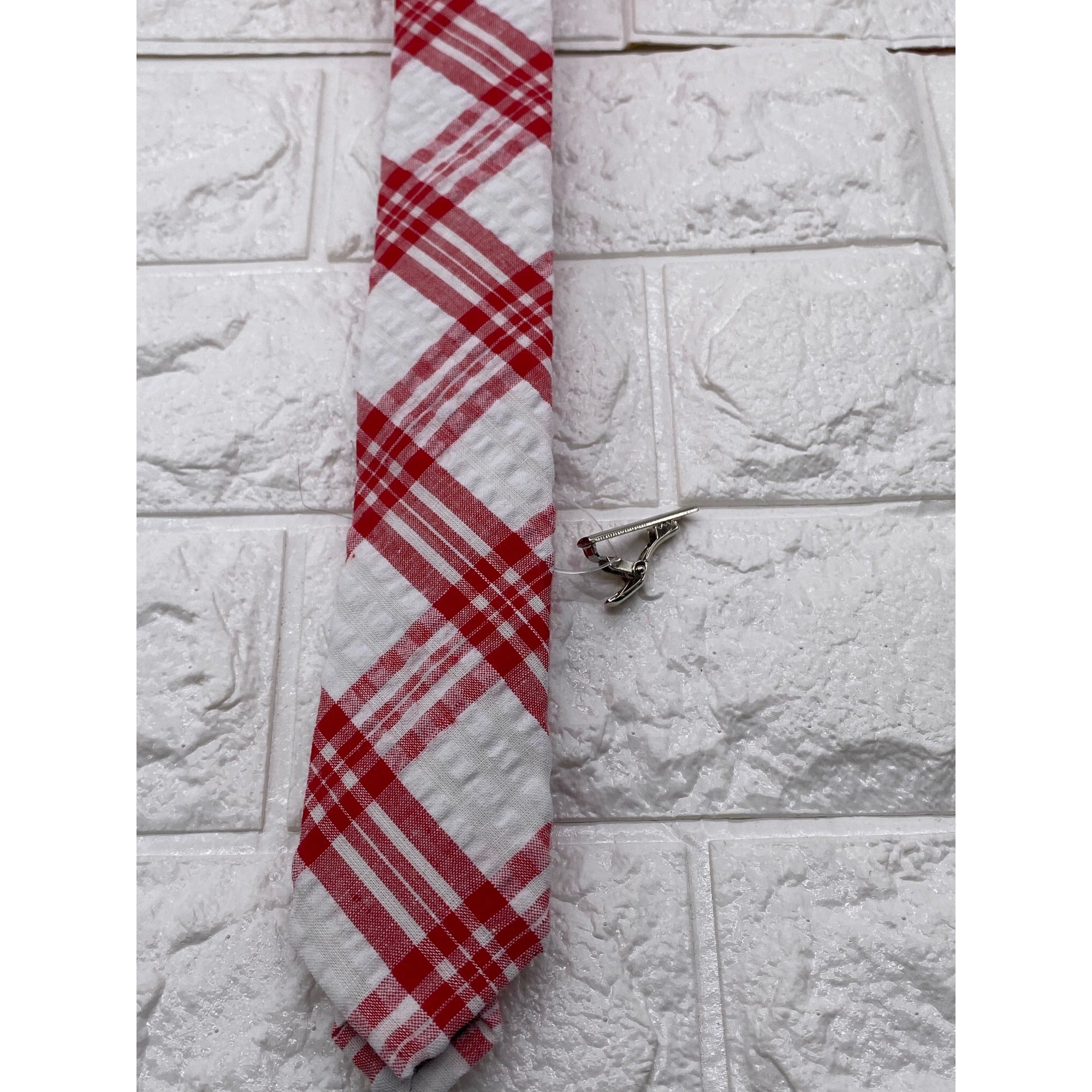 Skinny Tie Madness Men's Plaid Tie Red & White Cotton SKM2117