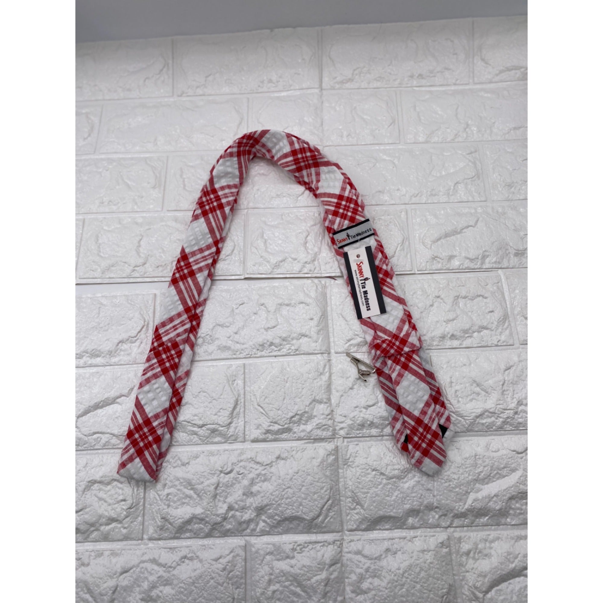 Skinny Tie Madness Men's Plaid Tie Red & White Cotton SKM2117