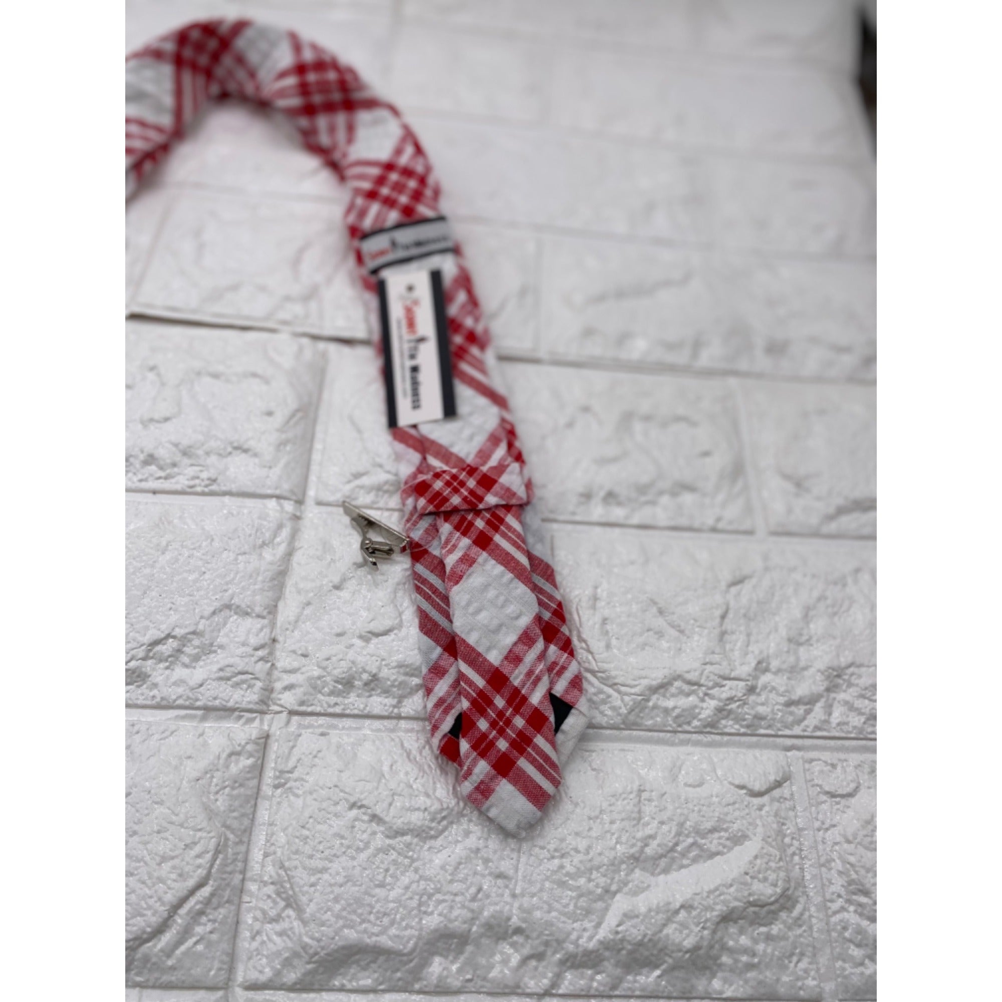 Skinny Tie Madness Men's Plaid Tie Red & White Cotton SKM2117