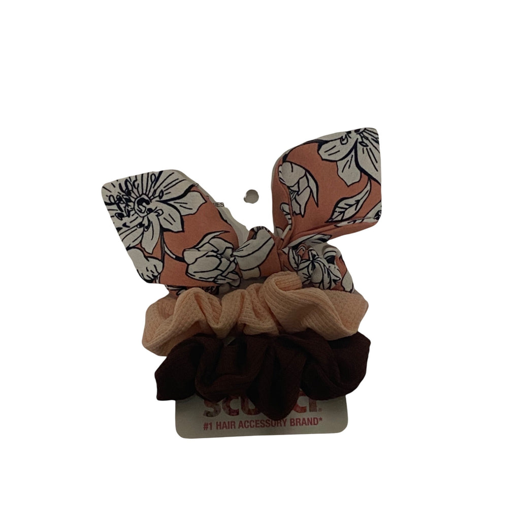 Scunci 3-Piece Scrunchies Ponytail Holder Set With Floral & Solid Patterns Multicolor