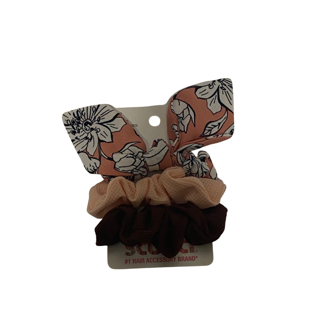 Scunci 3-Piece Scrunchies Ponytail Holder Set With Floral & Solid Patterns Multicolor