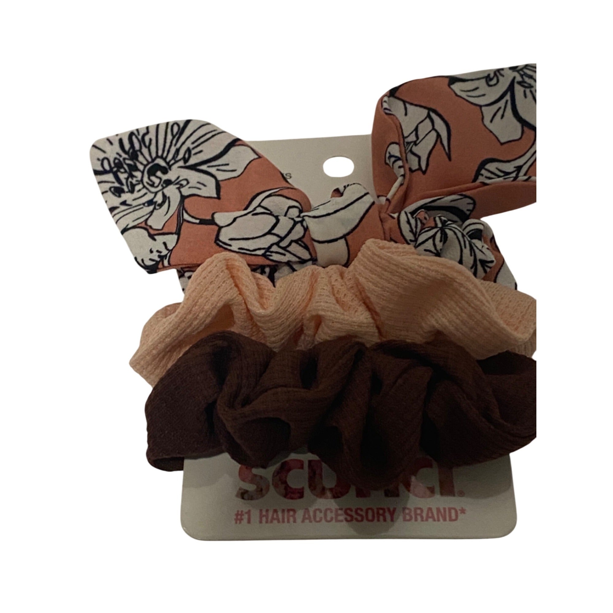 Scunci 3-Piece Scrunchies Ponytail Holder Set With Floral & Solid Patterns Multicolor