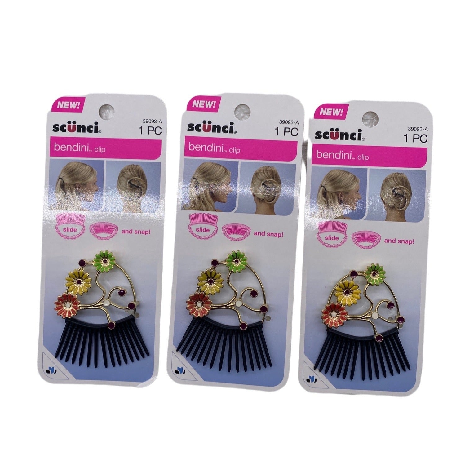 3 Pack Scunci Bendini Hair Clip Medium With Flowers Yellow Pink & Green 39093-A