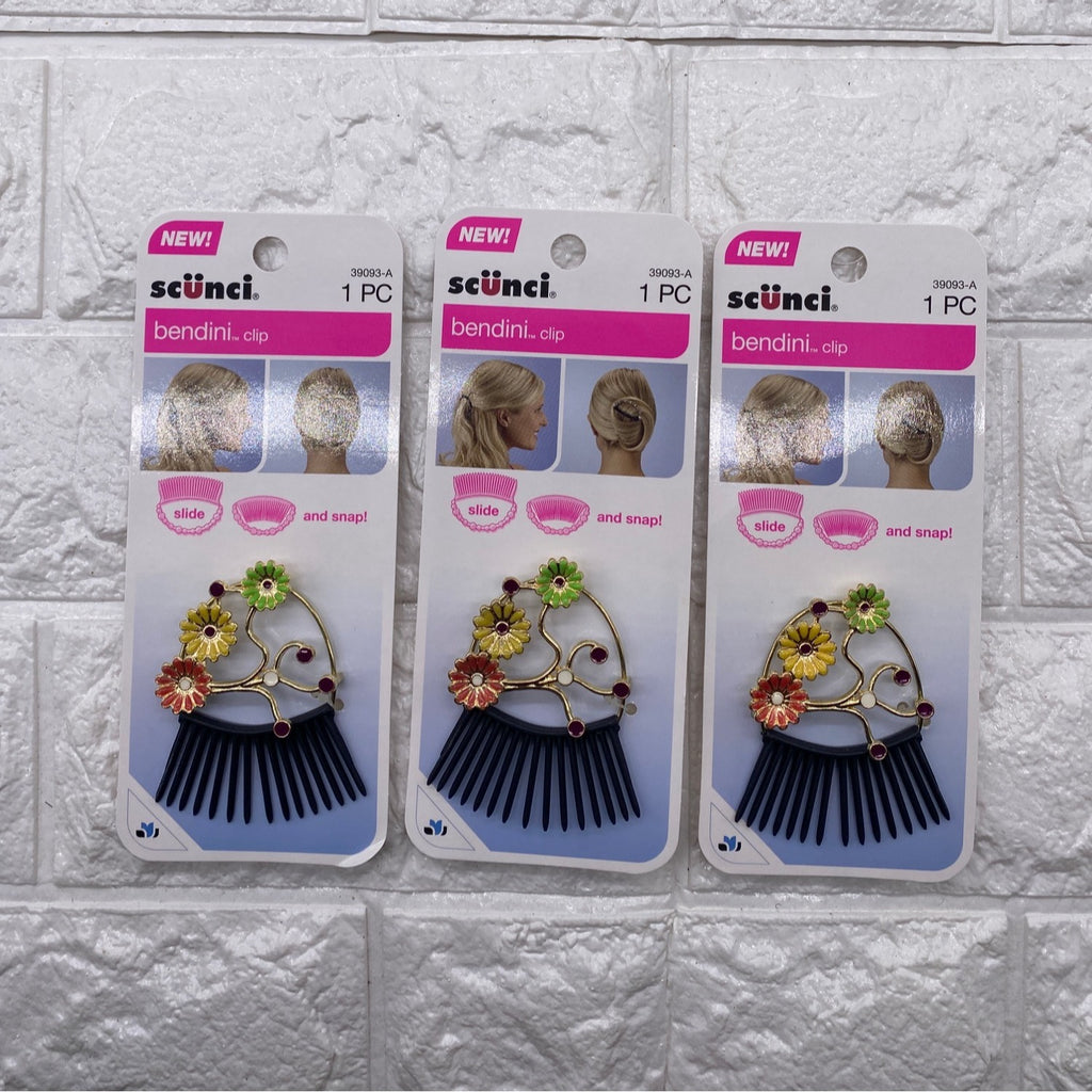 3 Pack Scunci Bendini Hair Clip Medium With Flowers Yellow Pink & Green 39093-A
