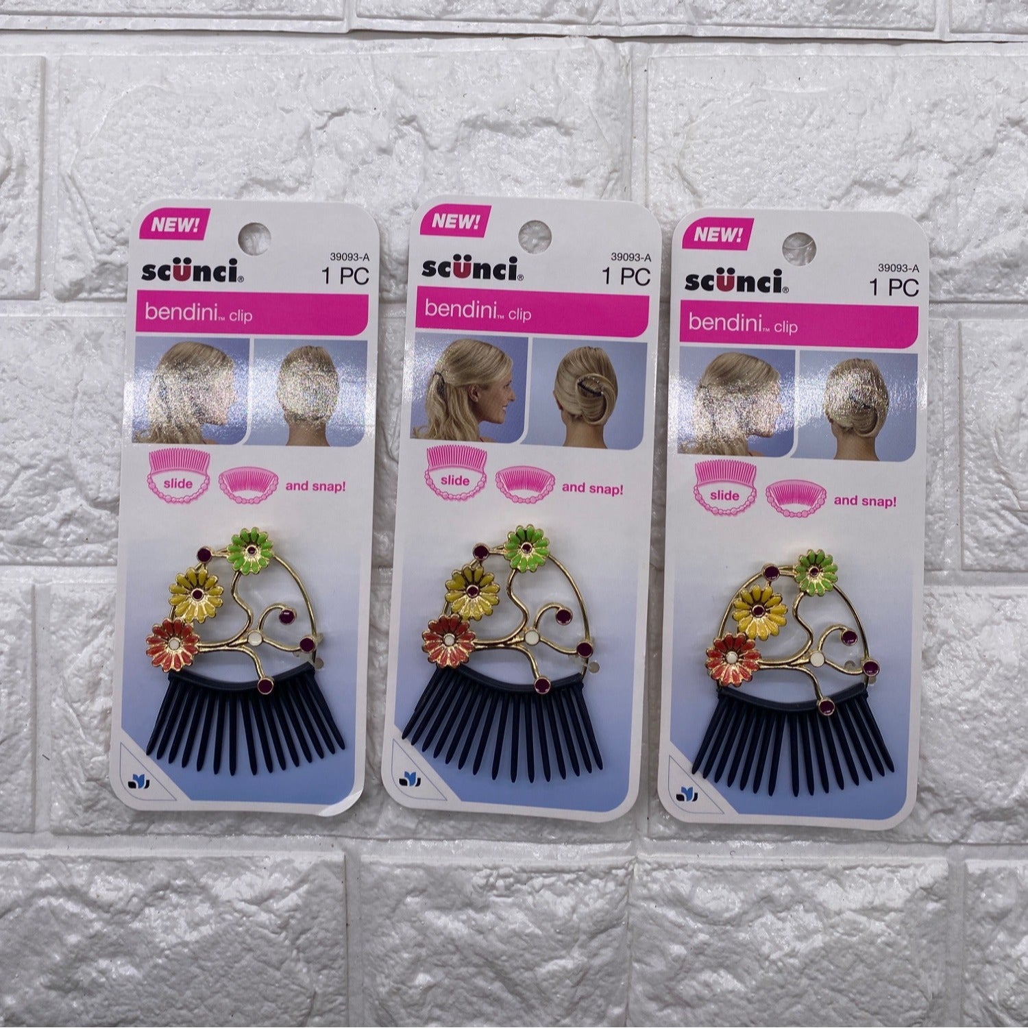 3 Pack Scunci Bendini Hair Clip Medium With Flowers Yellow Pink & Green 39093-A