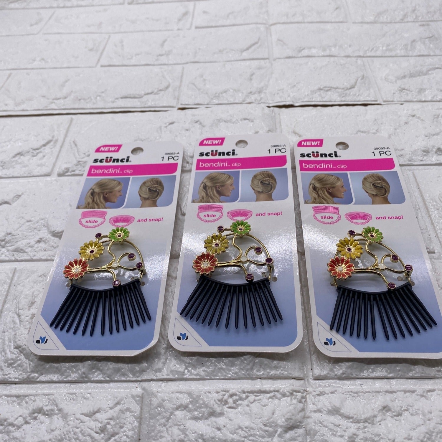 3 Pack Scunci Bendini Hair Clip Medium With Flowers Yellow Pink & Green 39093-A