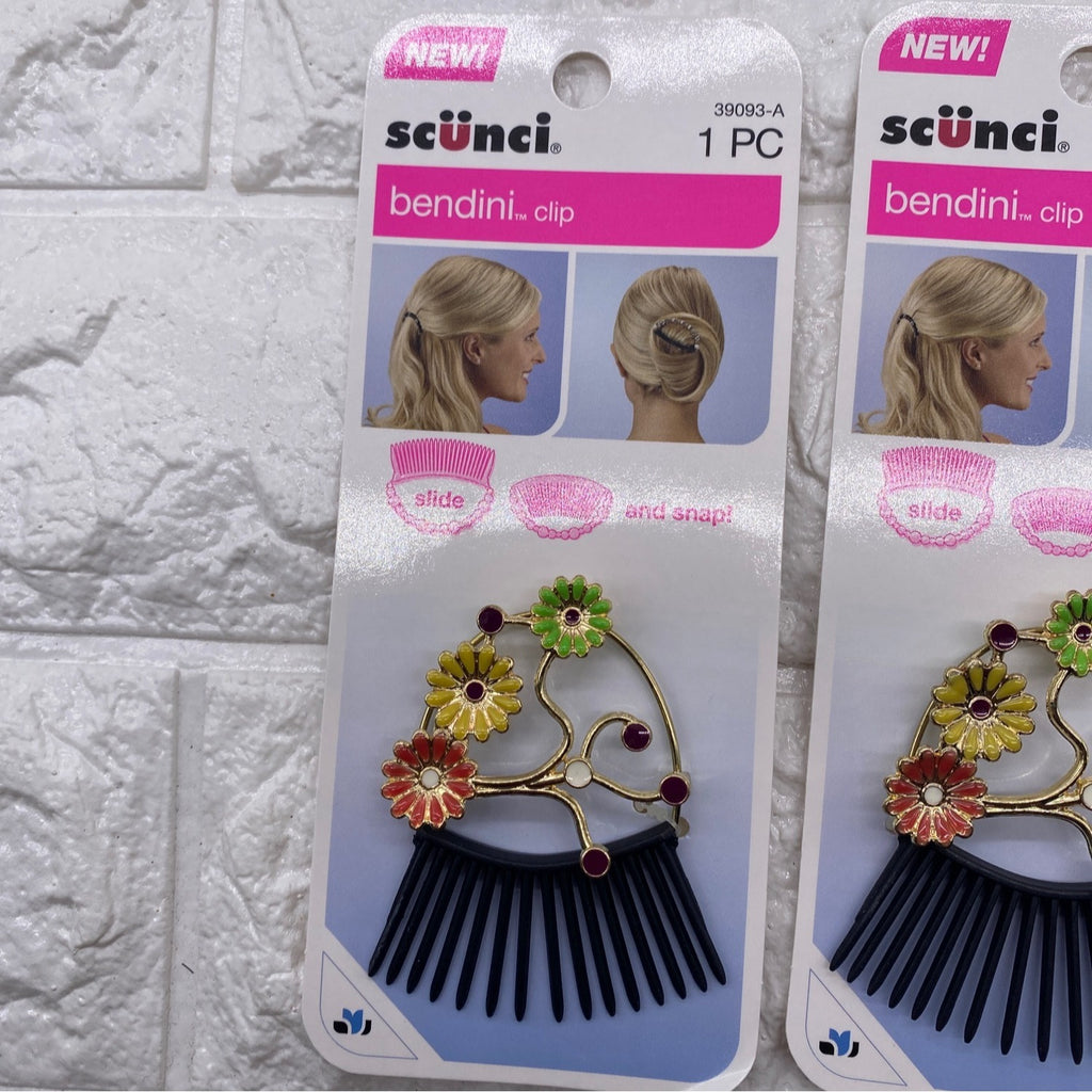 3 Pack Scunci Bendini Hair Clip Medium With Flowers Yellow Pink & Green 39093-A