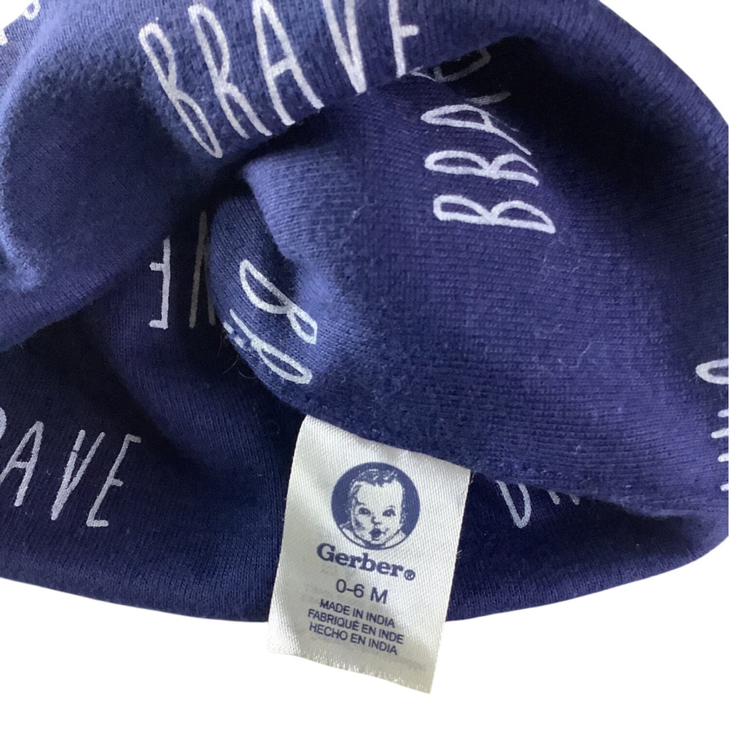 Gerber Baby Girl Beanie Cap 0-6 Months Navy Blue “Brave” Print 100% Cotton