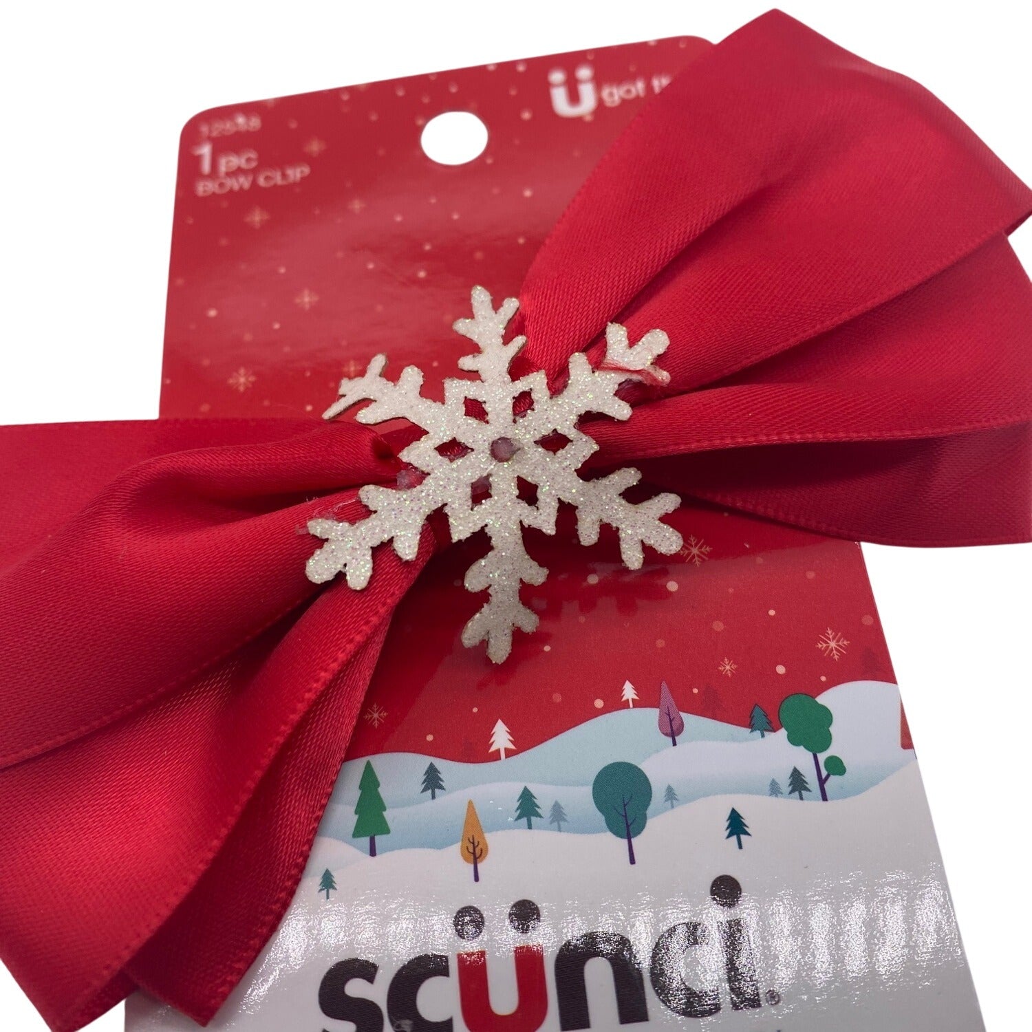 Scunci Winter Snowflake Hair Clip Red & White Bow Tie Christmas Xmas 12548