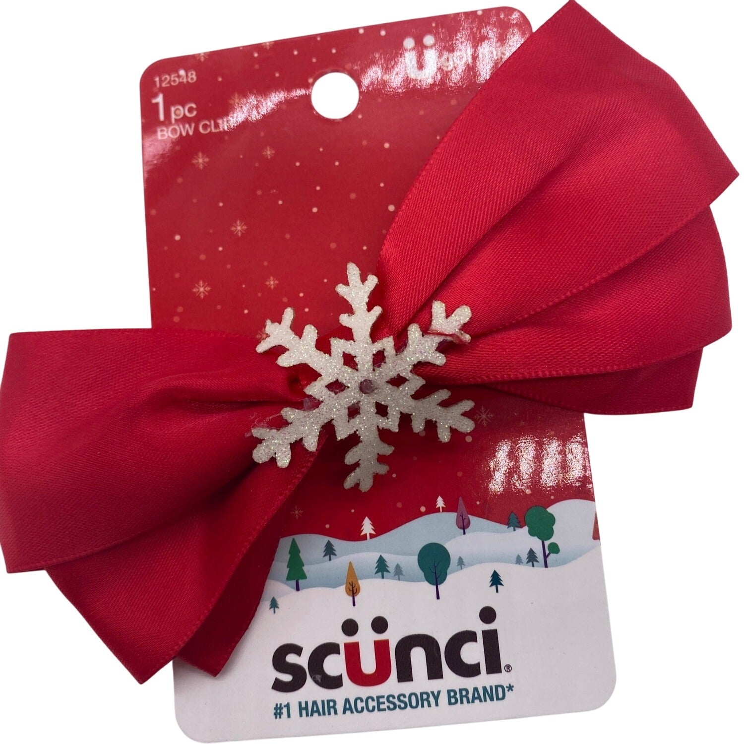 Scunci Winter Snowflake Hair Clip Red & White Bow Tie Christmas Xmas 12548