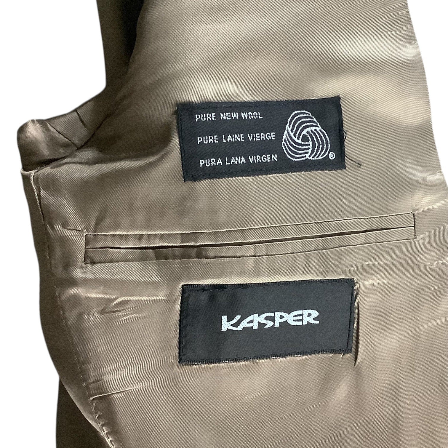 Kasper Men's Khaki Tan Wool Suit Jacket & Pants 2-Piece Set 46L Pure Virgin Wool