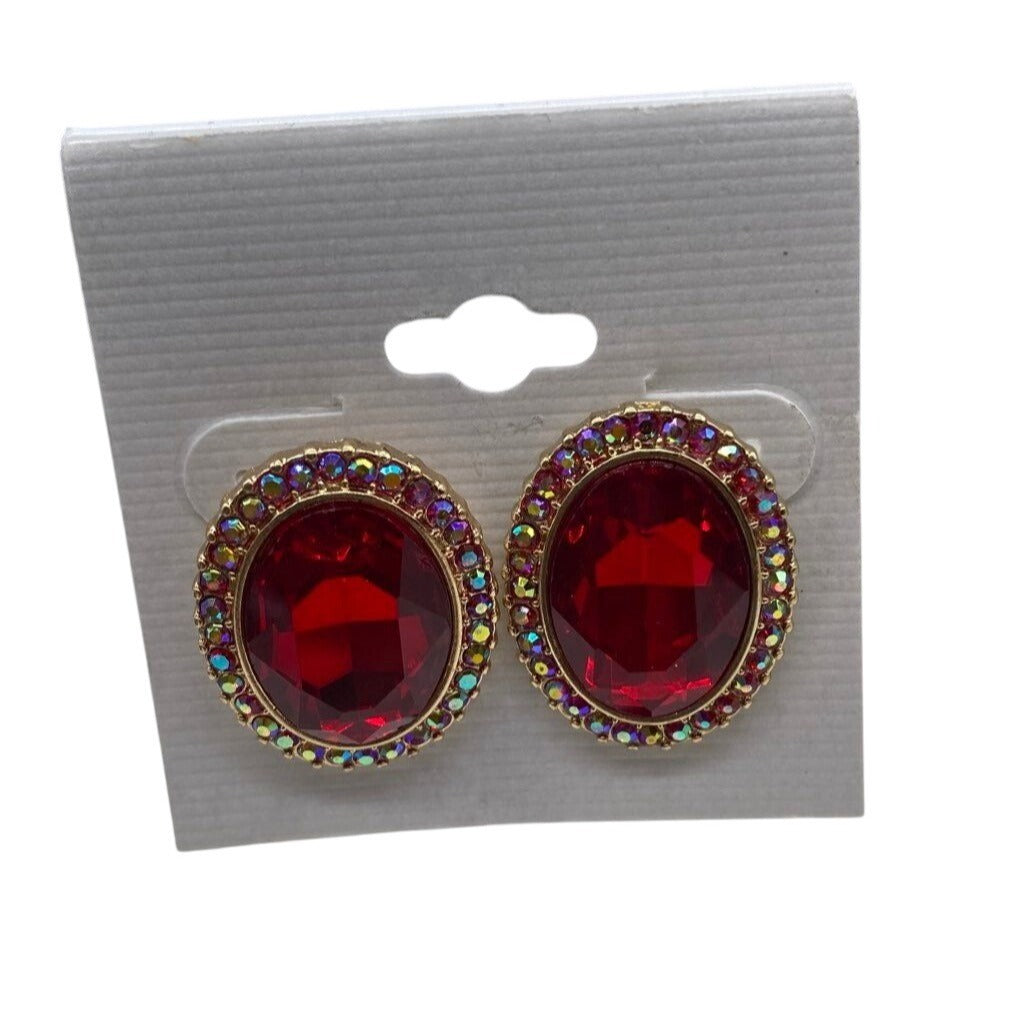 Womens Fashion Red Rhinestone Oval Post Earrings Gold Plated Multicolor Accents