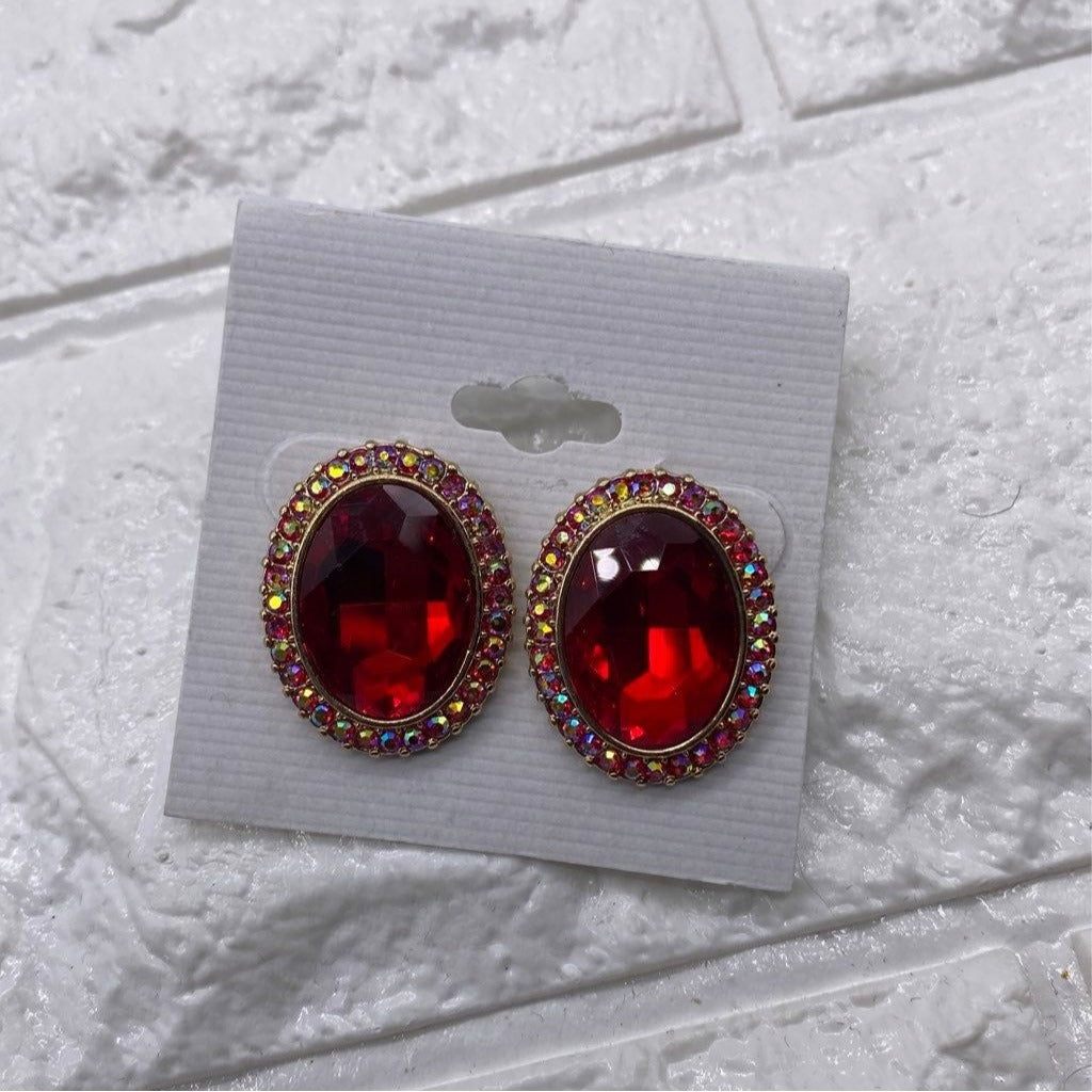 Womens Fashion Red Rhinestone Oval Post Earrings Gold Plated Multicolor Accents