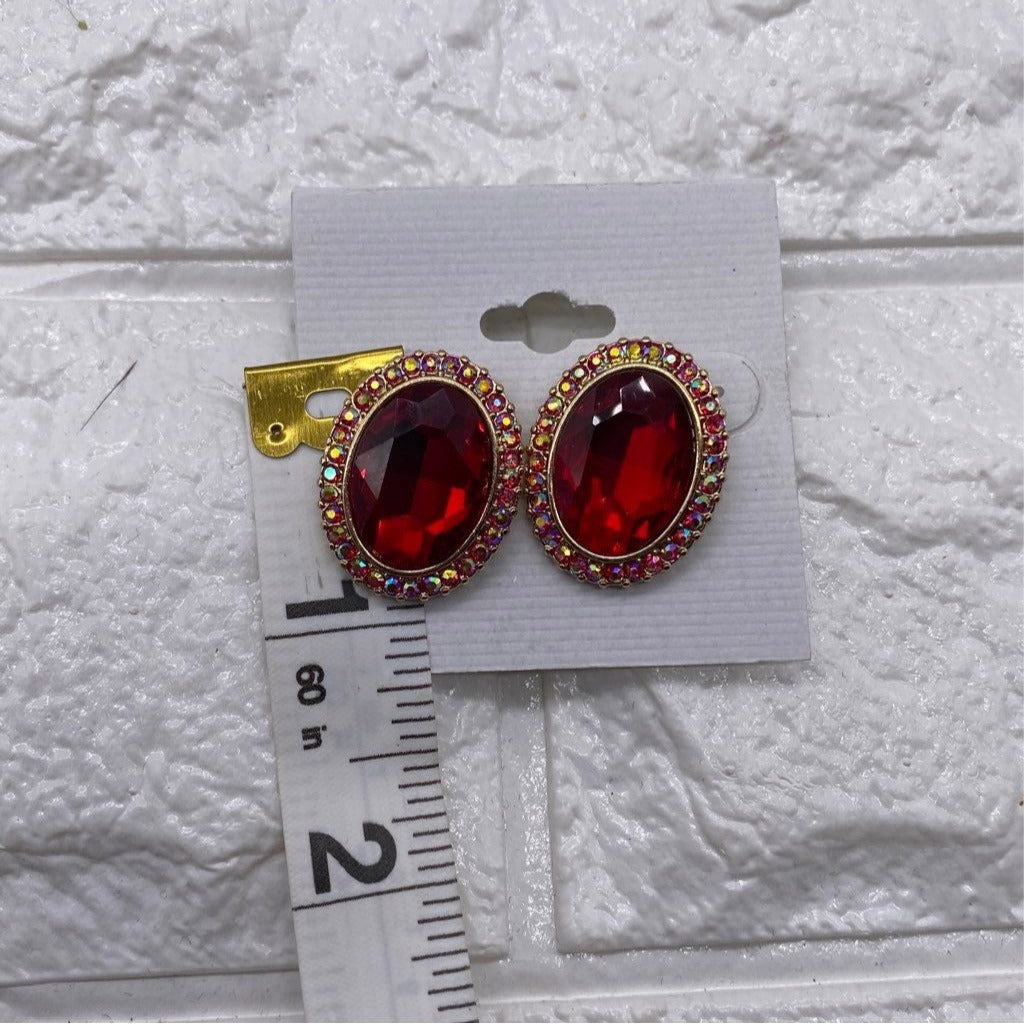 Womens Fashion Red Rhinestone Oval Post Earrings Gold Plated Multicolor Accents