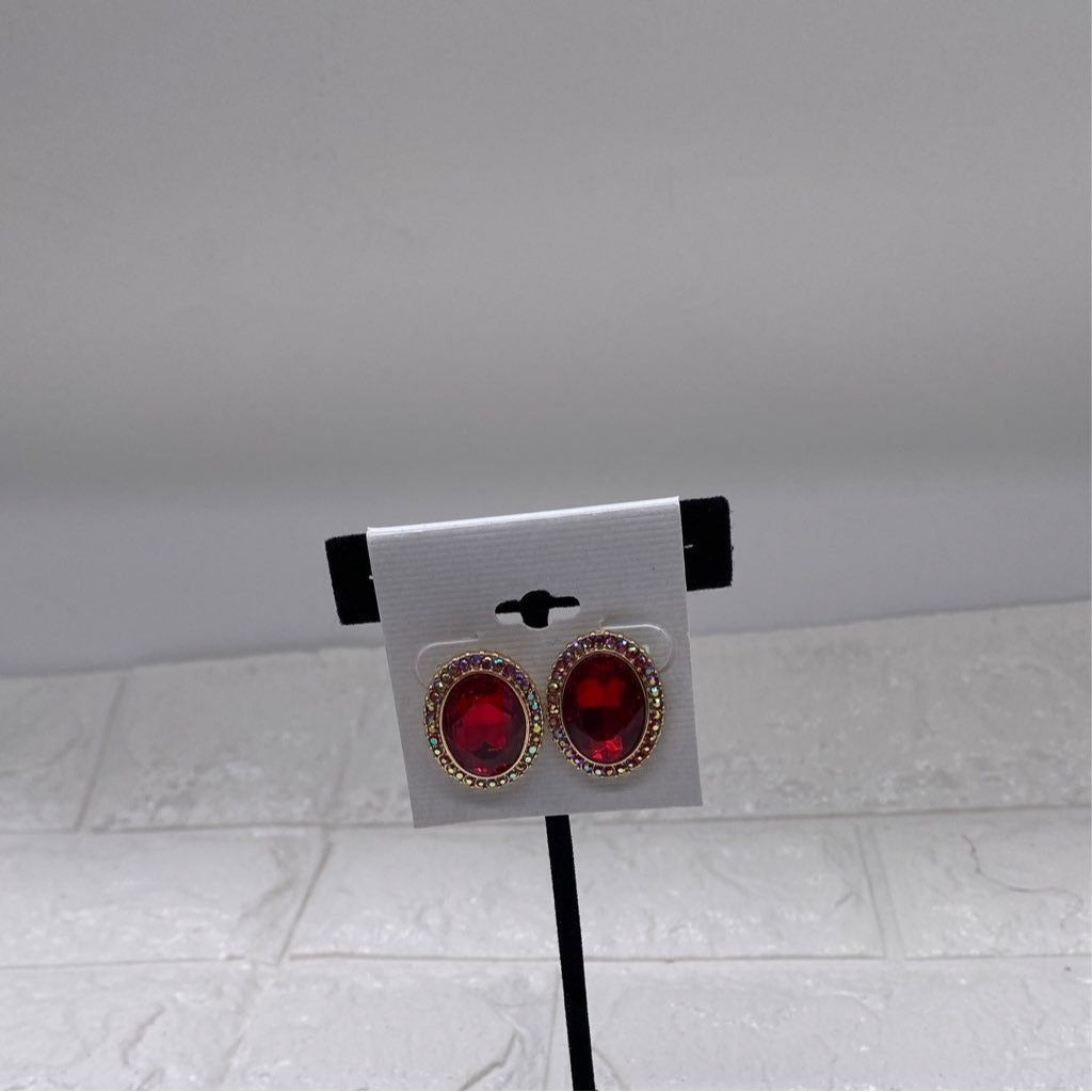 Womens Fashion Red Rhinestone Oval Post Earrings Gold Plated Multicolor Accents