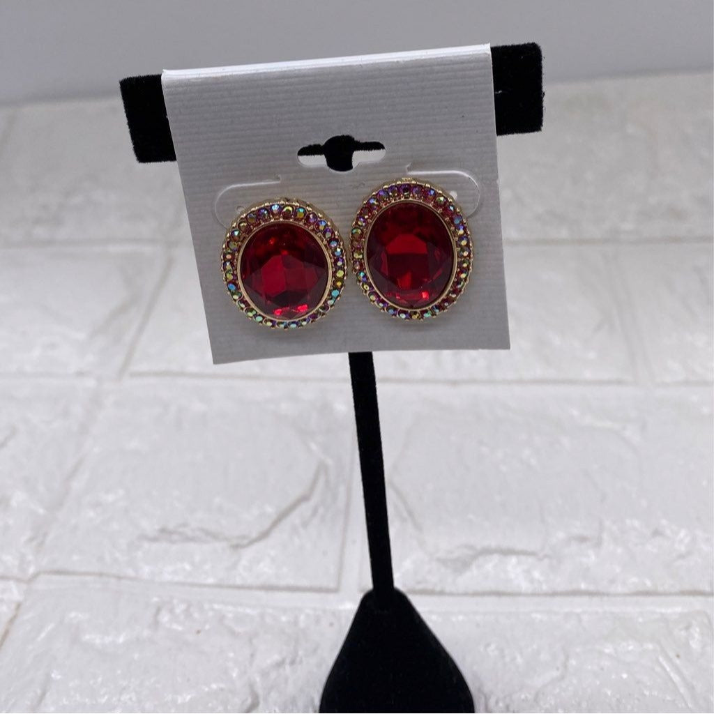 Womens Fashion Red Rhinestone Oval Post Earrings Gold Plated Multicolor Accents