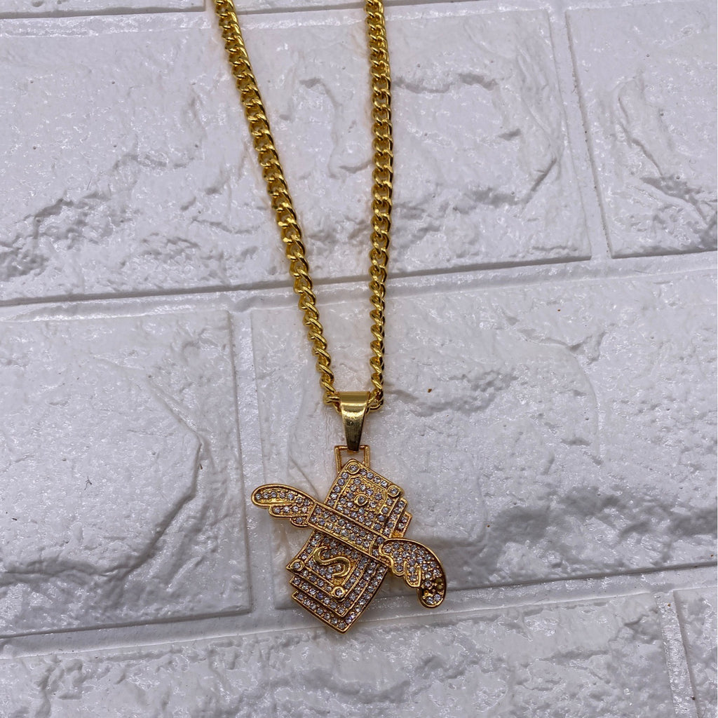 Winged Dollar Bill Pendant Necklace Mens Cuban Chain Gold & Rhinestones