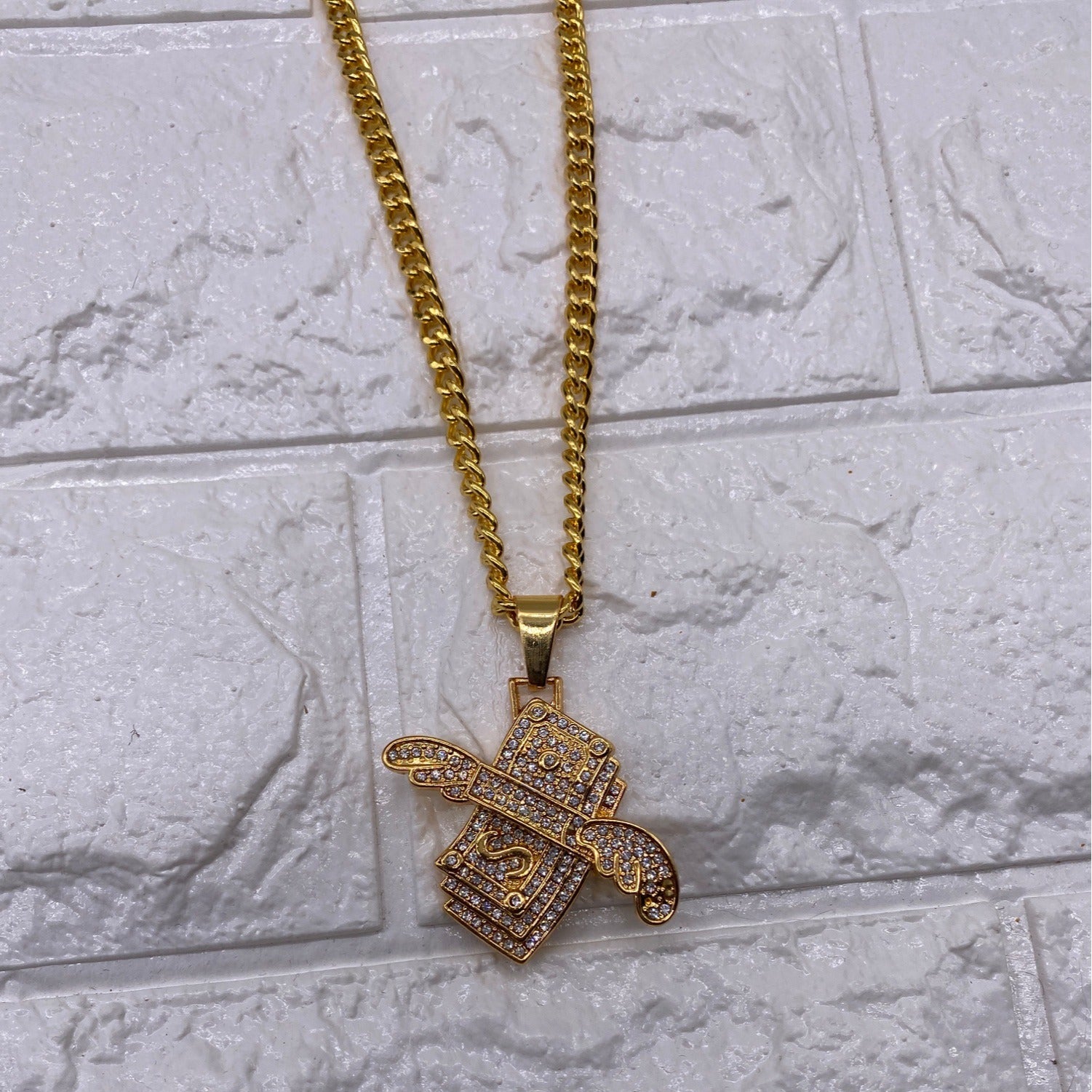 Winged Dollar Bill Pendant Necklace Mens Cuban Chain Gold & Rhinestones