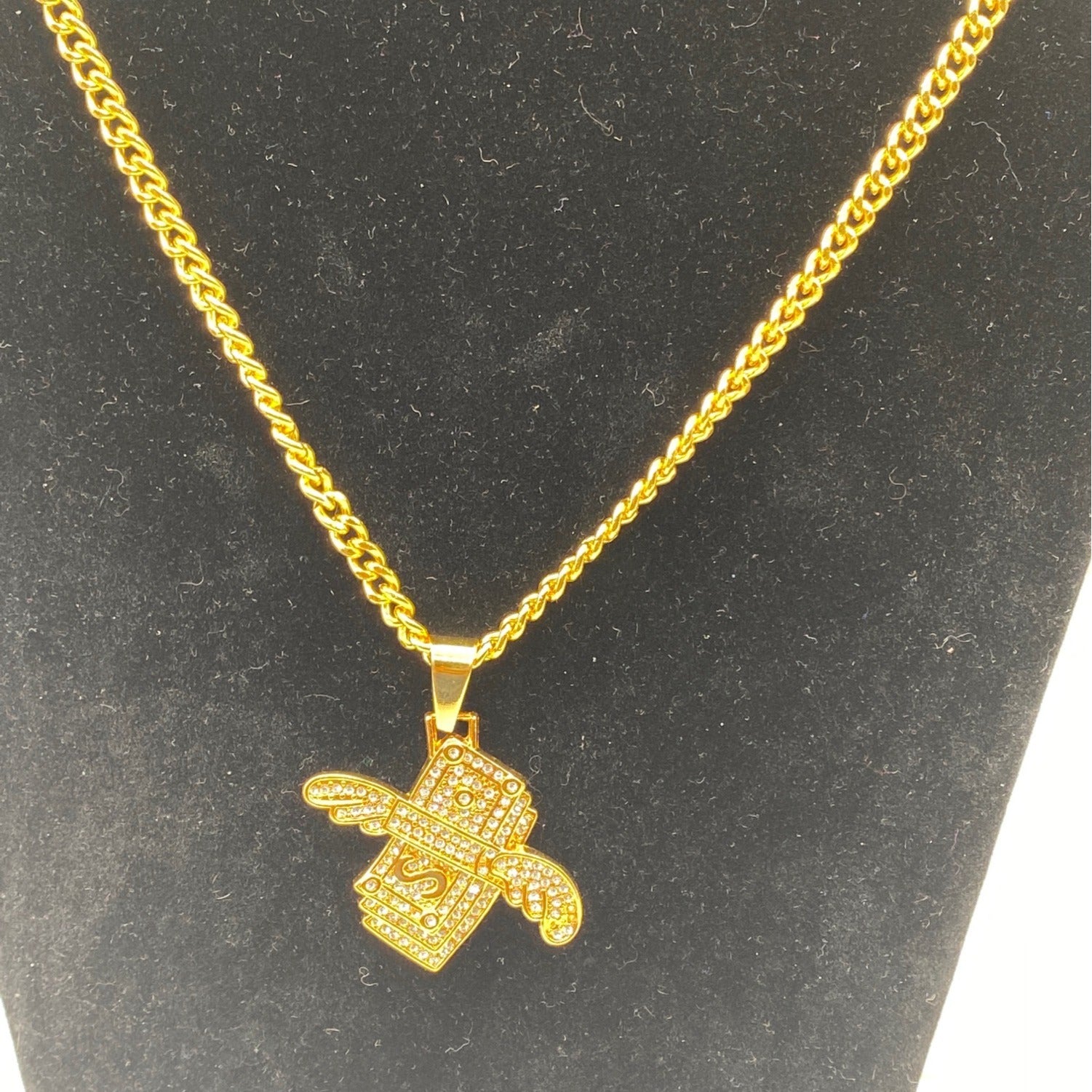 Winged Dollar Bill Pendant Necklace Mens Cuban Chain Gold & Rhinestones