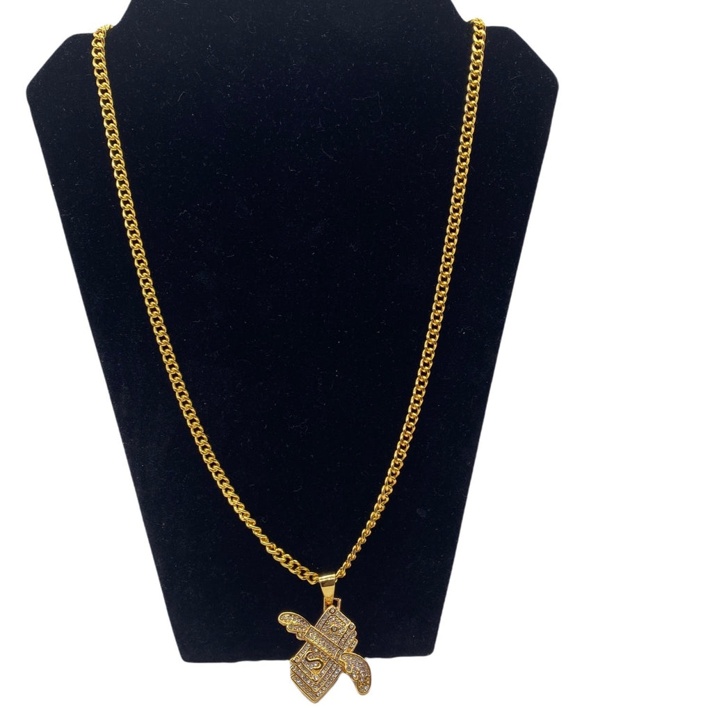 Winged Dollar Bill Pendant Necklace Mens Cuban Chain Gold & Rhinestones