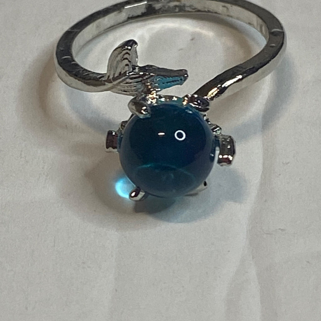 Silver Mermaid Bubble Ring With Adjustable Band Blue Crystal Centerpiece Women