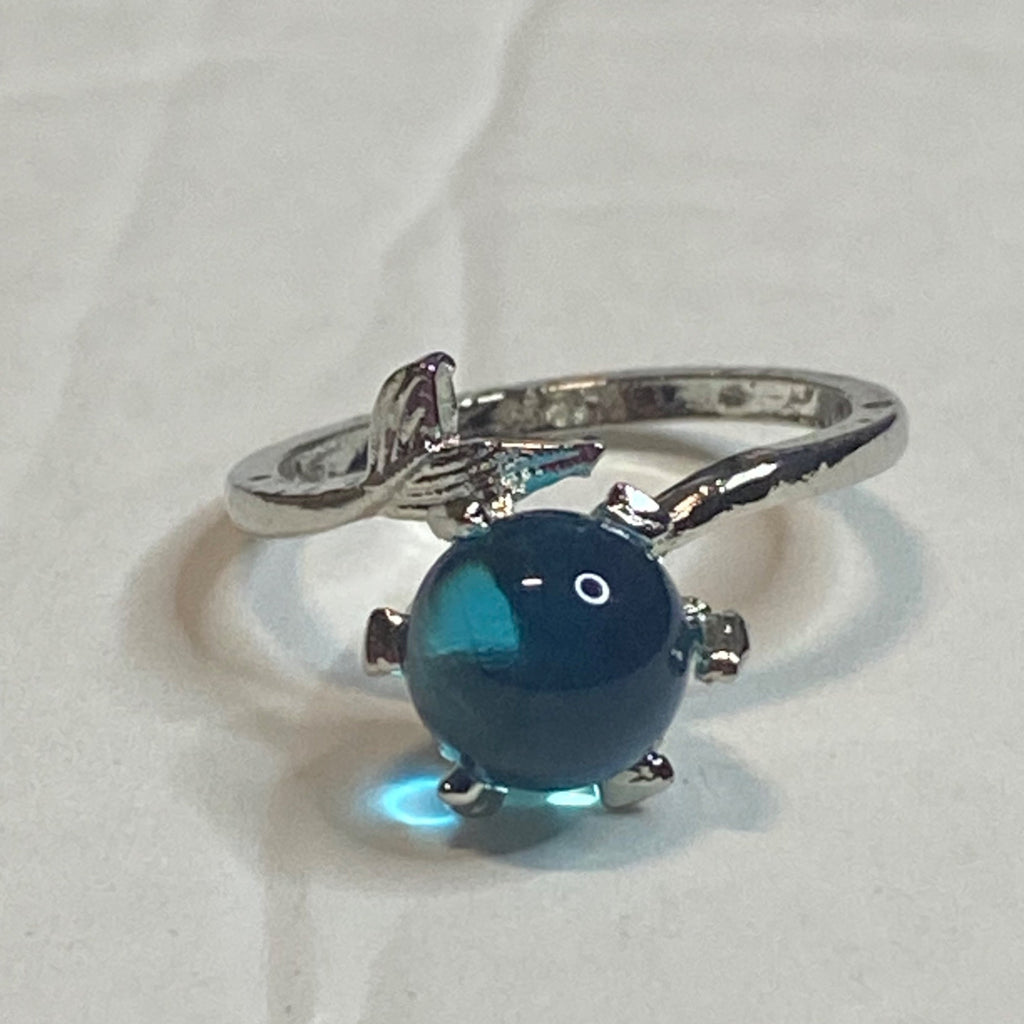 Silver Mermaid Bubble Ring With Adjustable Band Blue Crystal Centerpiece Women