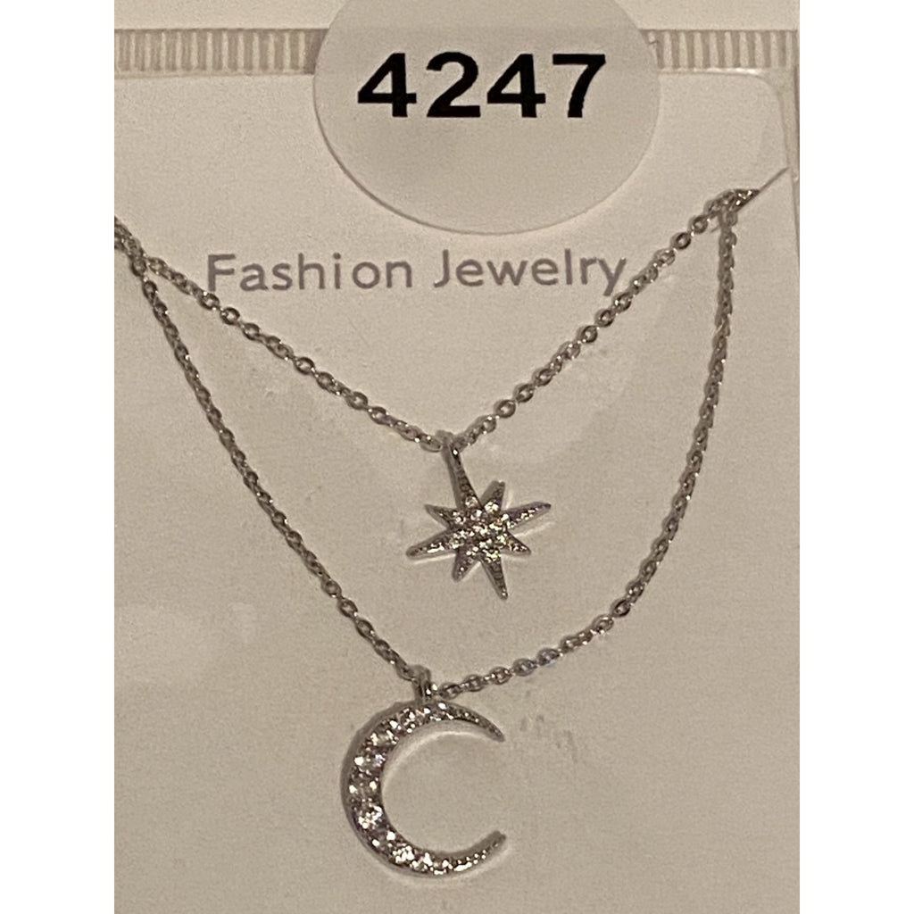 Kanna Two-Layer Necklace Sliver Moon & Star Pendant Sparkle Jewelry Adjustable