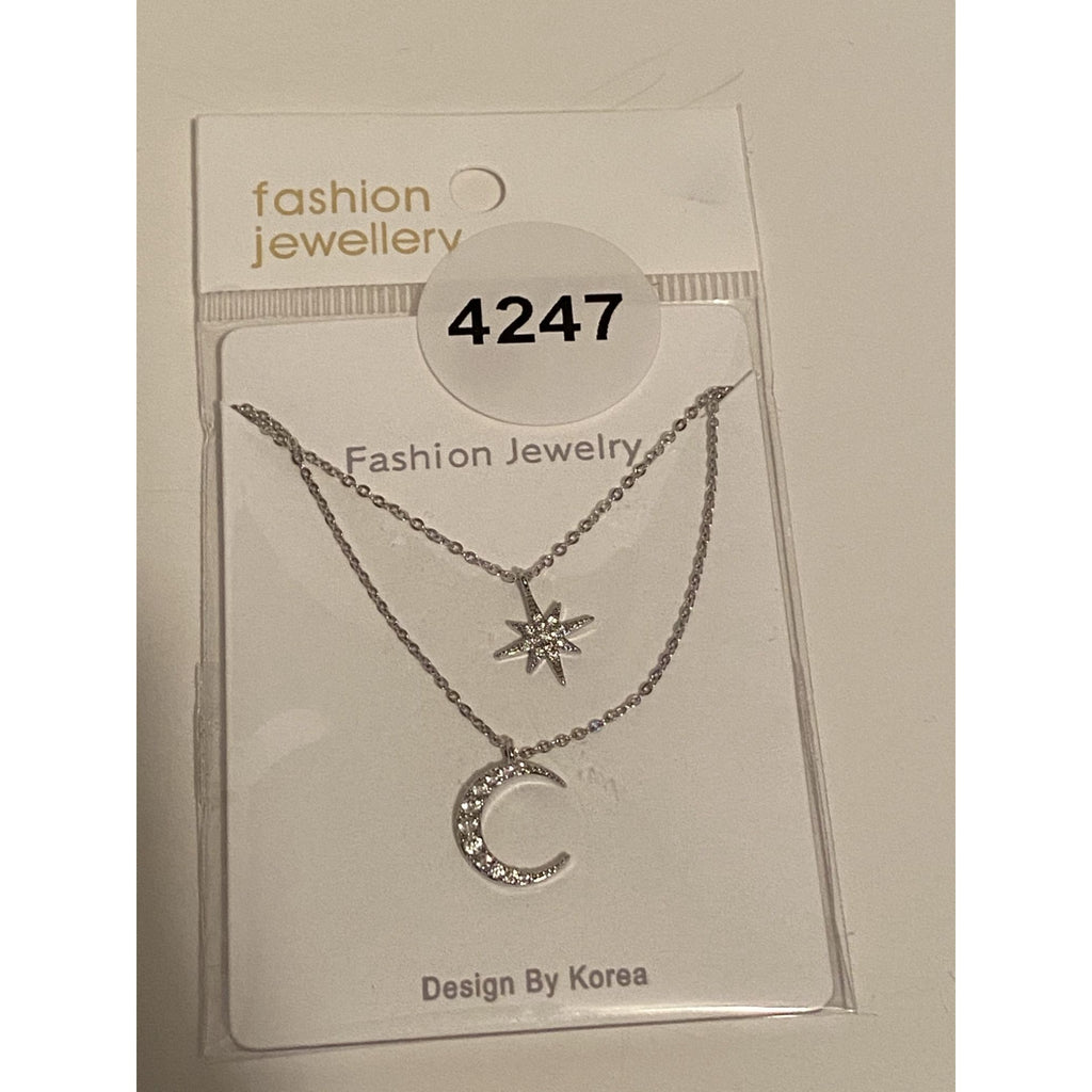 Kanna Two-Layer Necklace Sliver Moon & Star Pendant Sparkle Jewelry Adjustable
