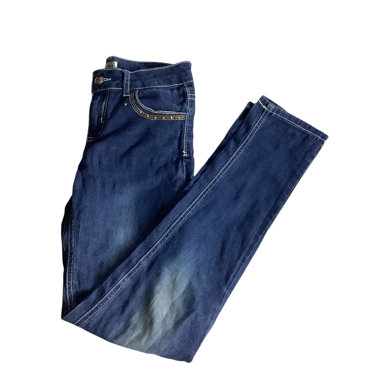 Pink Kiss Girls Distressed Denim Jeans Size 12 Blue Slim Fit Button & Zipper Closure