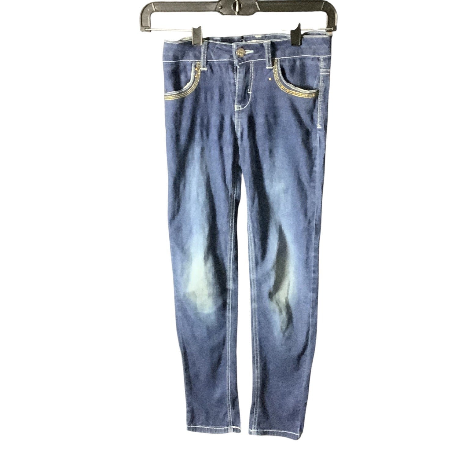 Pink Kiss Girls Distressed Denim Jeans Size 12 Blue Slim Fit Button & Zipper Closure