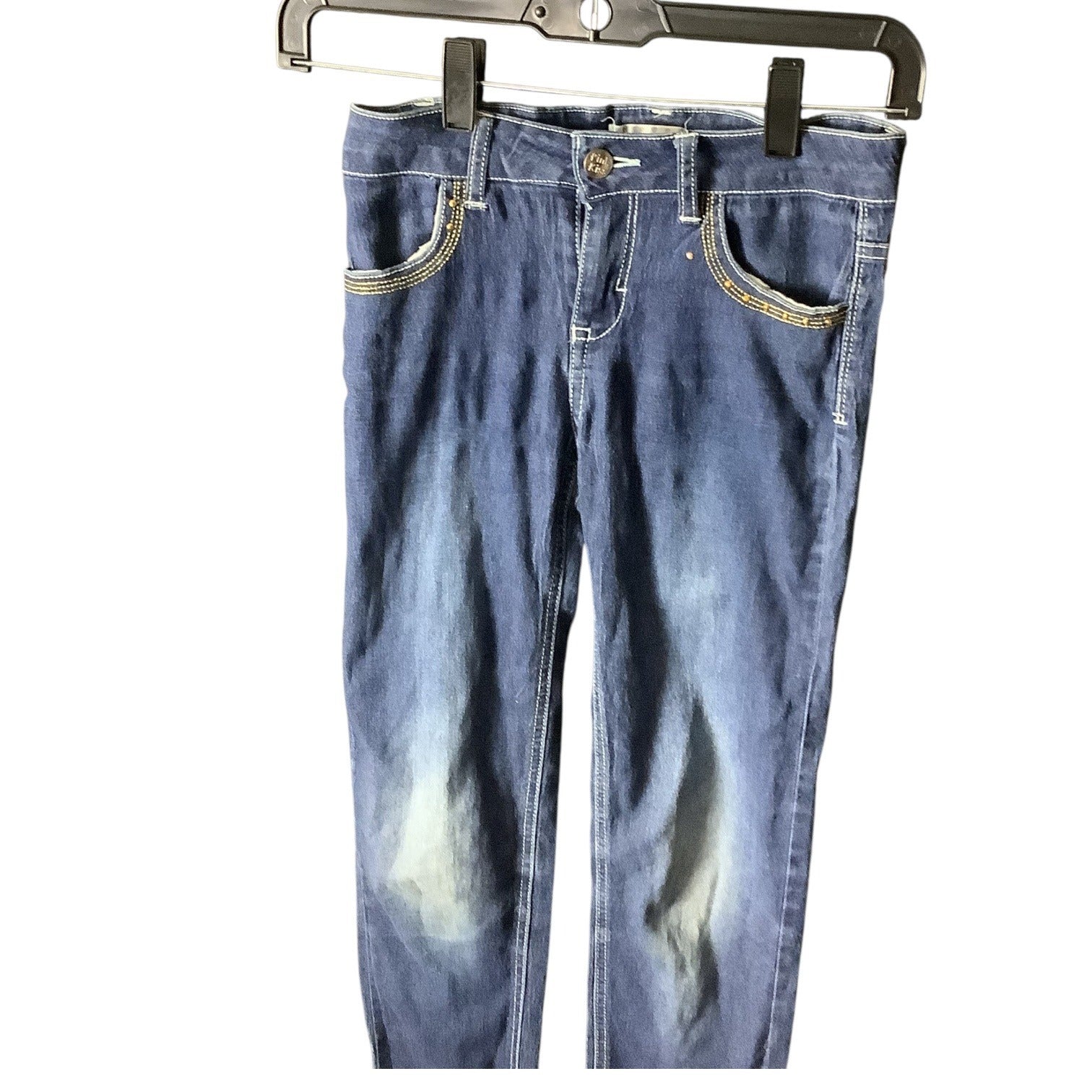 Pink Kiss Girls Distressed Denim Jeans Size 12 Blue Slim Fit Button & Zipper Closure