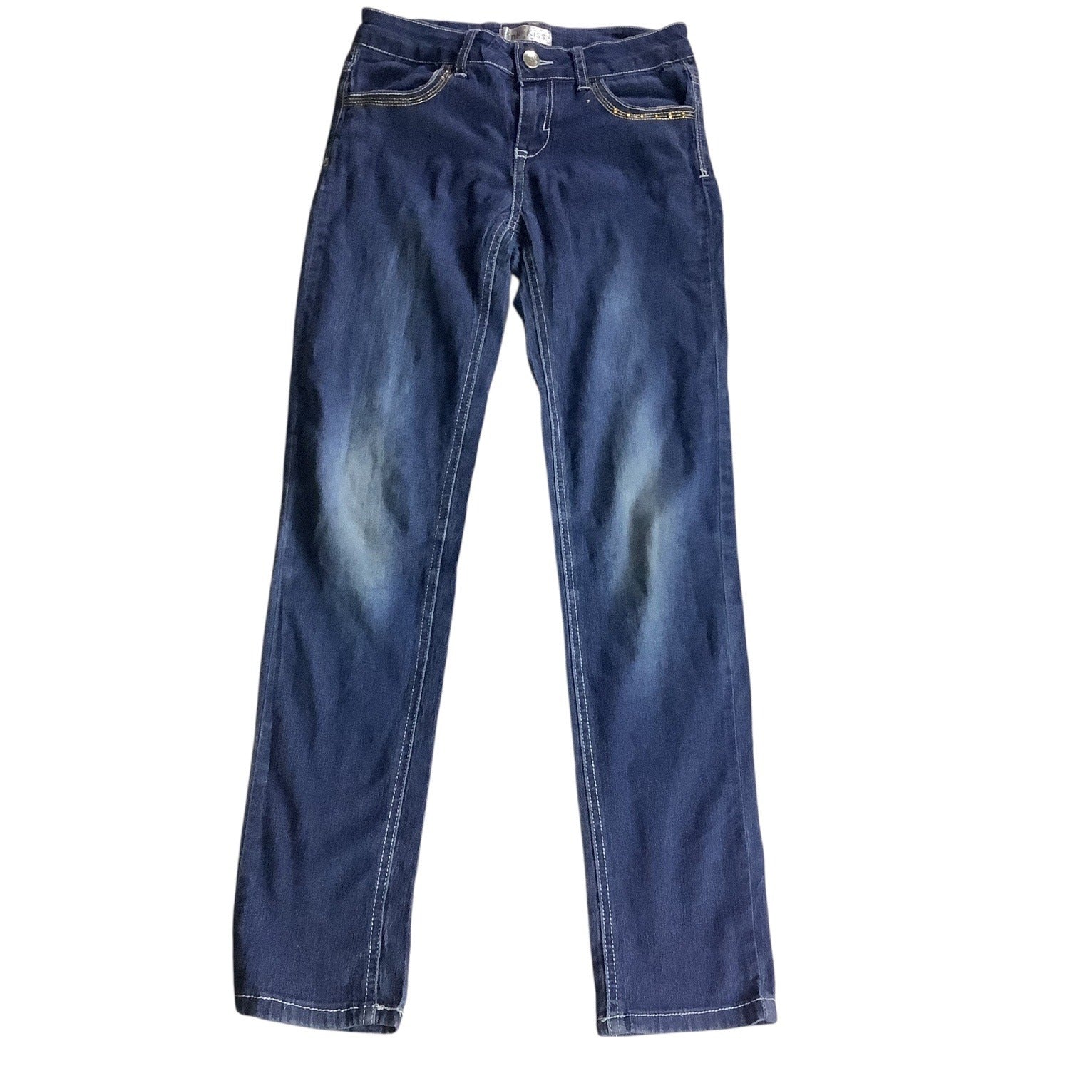 Pink Kiss Girls Distressed Denim Jeans Size 12 Blue Slim Fit Button & Zipper Closure