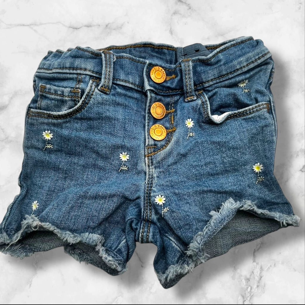 Old Navy Toddler Girls 4T Adjustable Denim Daisy-Embroidered Frayed Hem Shorts