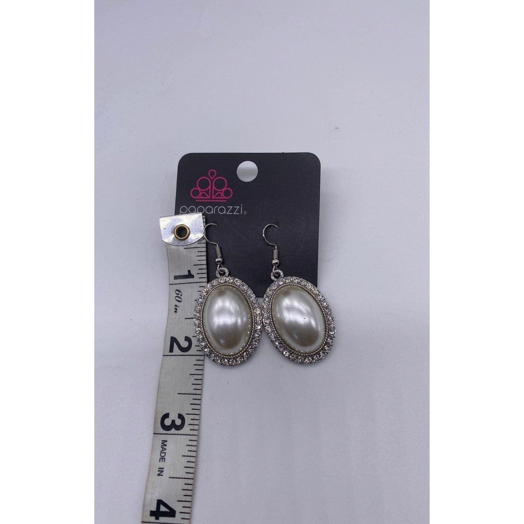 Paparazzi Jewelry Celebrity Crush White Oval Earrings Rhinestone Encrusted Dangle