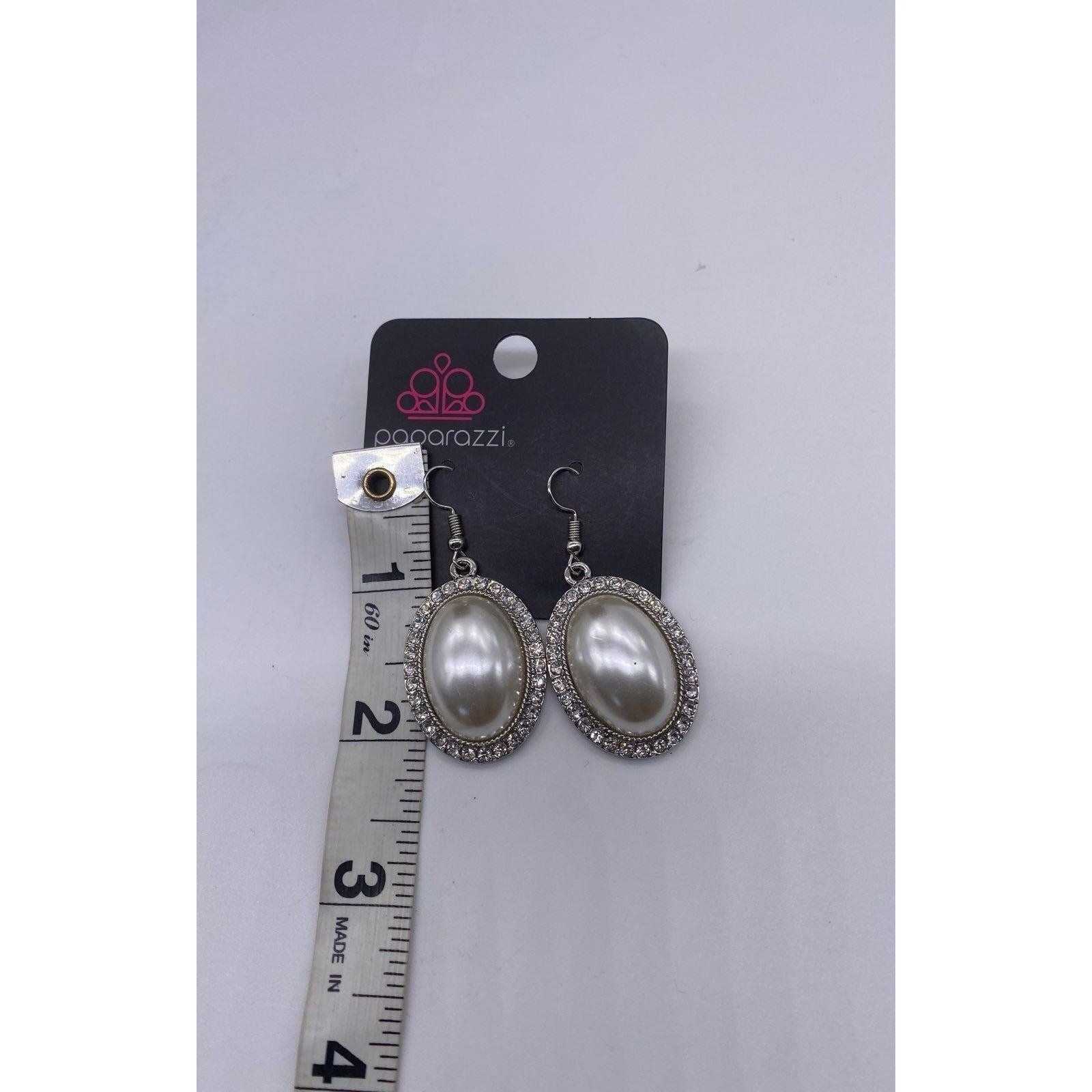 Paparazzi Jewelry Celebrity Crush White Oval Earrings Rhinestone Encrusted Dangle