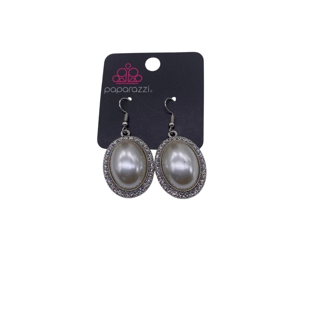 Paparazzi Jewelry Celebrity Crush White Oval Earrings Rhinestone Encrusted Dangle