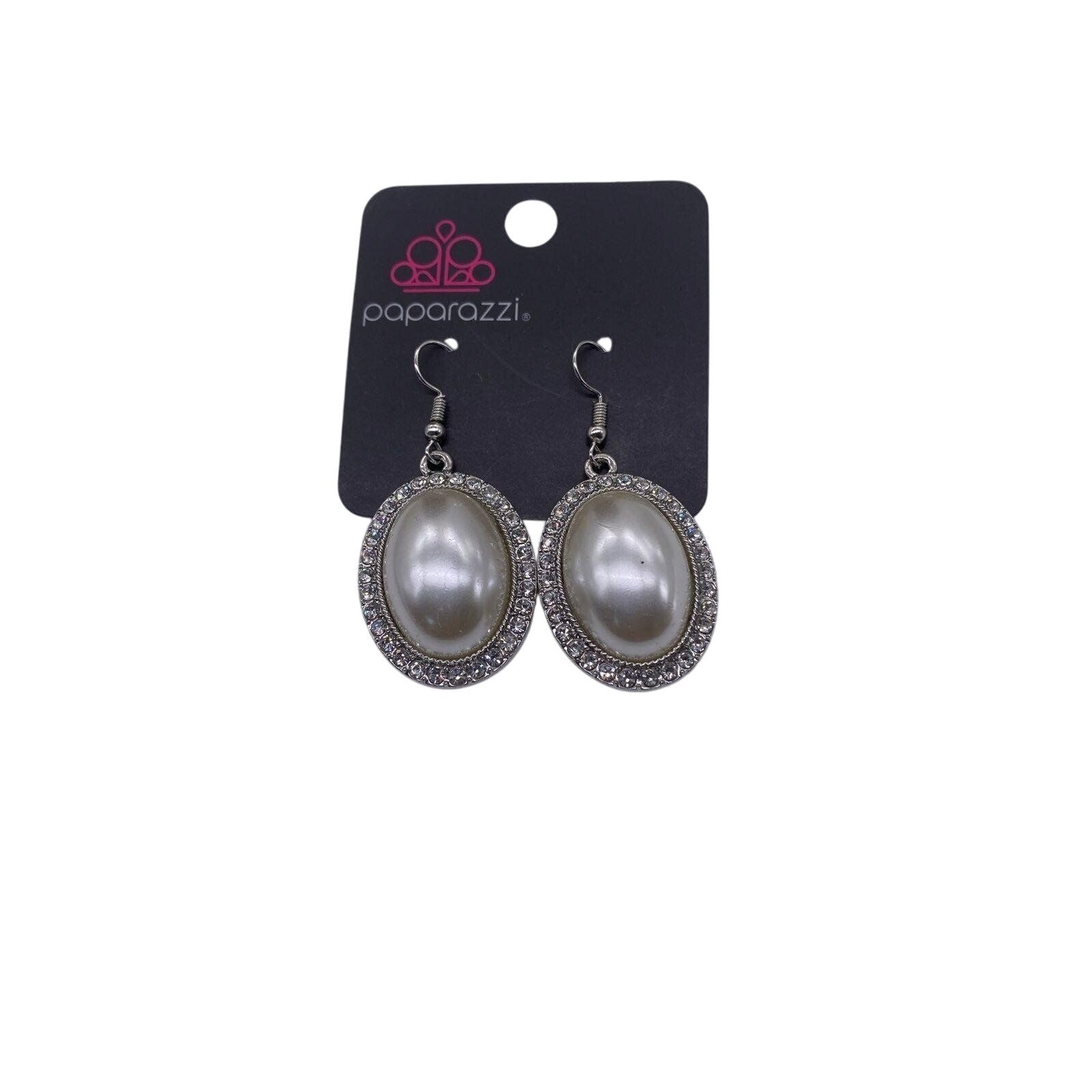 Paparazzi Jewelry Celebrity Crush White Oval Earrings Rhinestone Encrusted Dangle