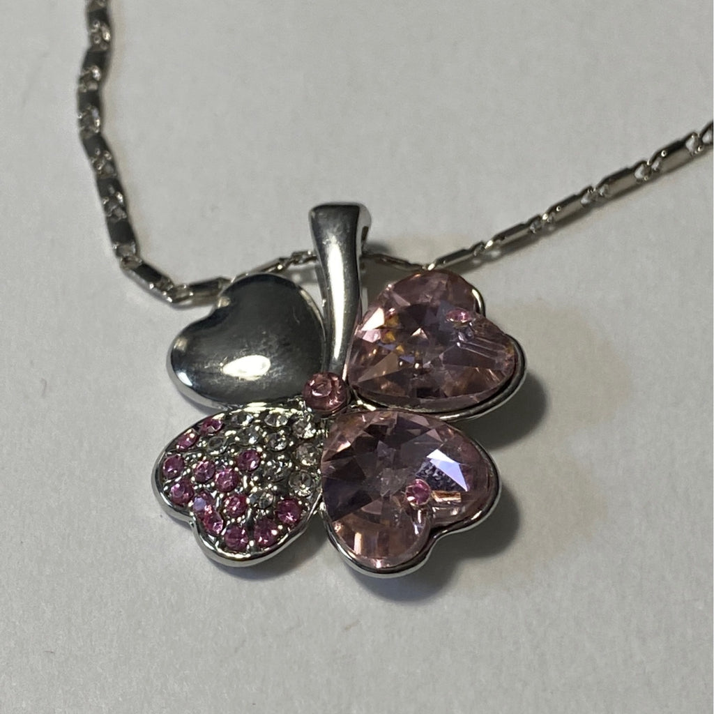 Austrian Crystal Clover Hearts Necklace W/ Swarovski Elements Pink Pendant 16in