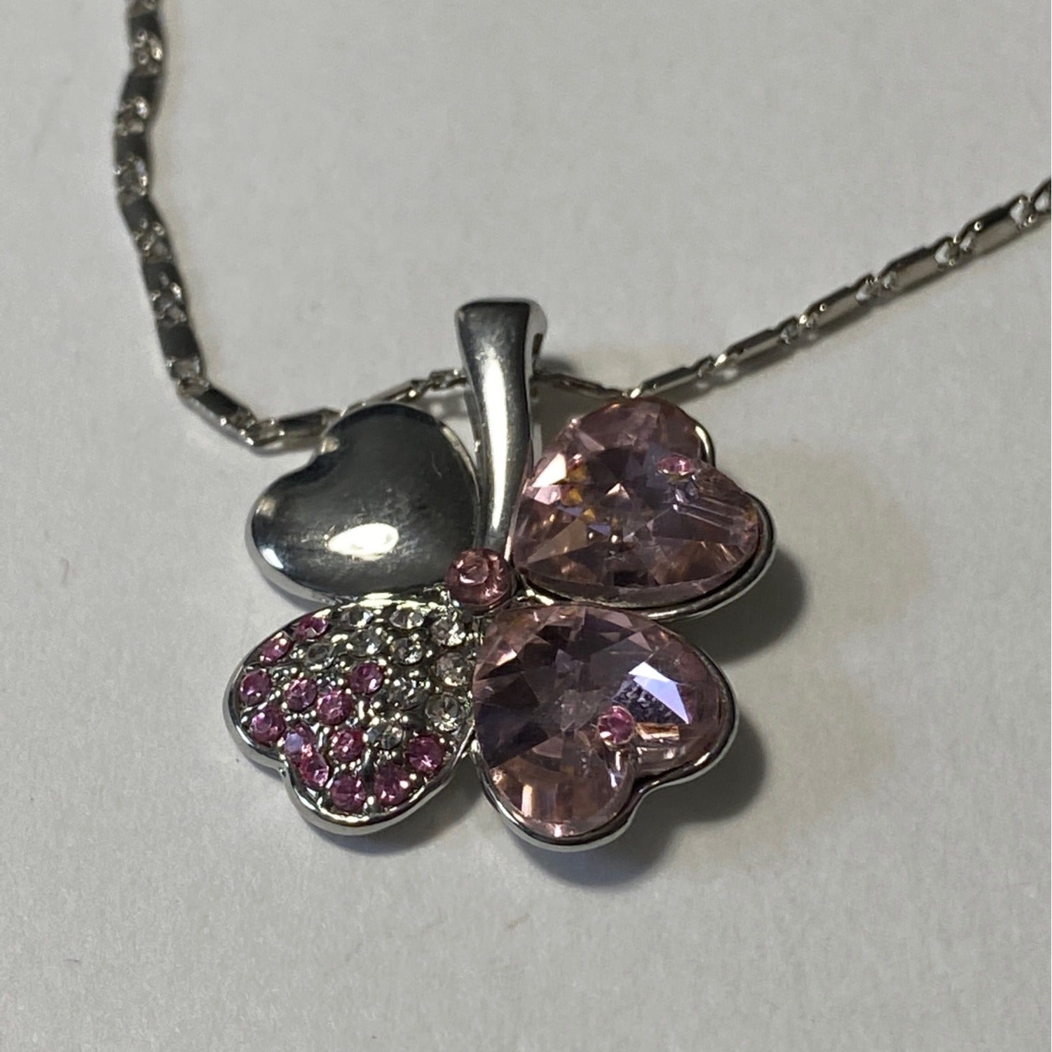Austrian Crystal Clover Hearts Necklace W/ Swarovski Elements Pink Pendant 16in