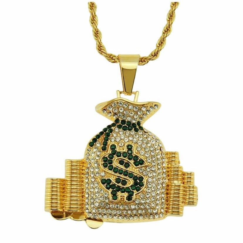 Hip Hop Money Bag Necklace Gold Tone With Green Jewels Pendant Rhinestomnes