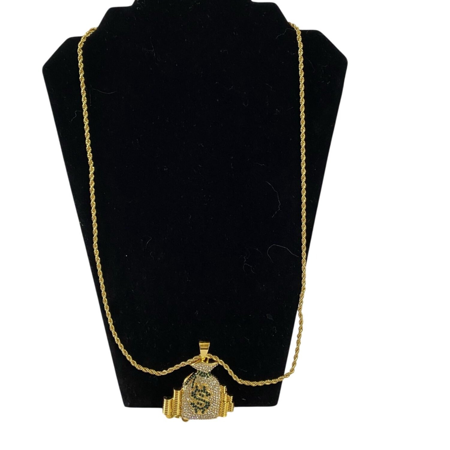 Hip Hop Money Bag Necklace Gold Tone With Green Jewels Pendant Rhinestomnes