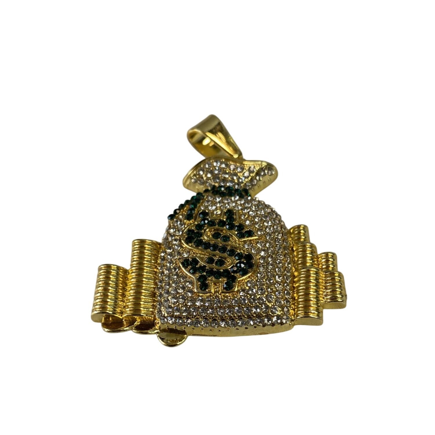 Hip Hop Money Bag Necklace Gold Tone With Green Jewels Pendant Rhinestomnes